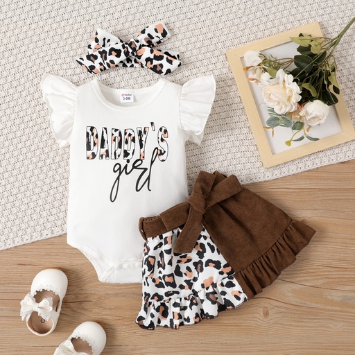 [SC11-20645201] 3pcs Baby Girl 95% Cotton Leopard Letter Print Flutter-sleeve Bodysuit & Belted Skirt & Bow Headband Set 