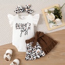 3pcs Baby Girl 95% Cotton Leopard Letter Print Flutter-sleeve Bodysuit & Belted Skirt & Bow Headband Set 