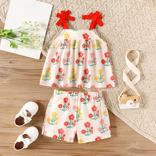 [SC11-20601875] 2pcs Toddler Girl Floral Print Bowknot Design Camisole and Elasticized Shorts Set