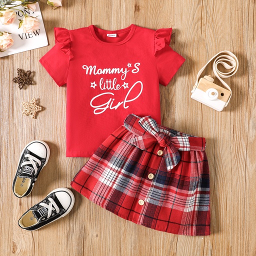 [SC11-20586634] 2pcs Toddler Girl Letter Print Ruffled Short-sleeve Tee and Plaid Skirt Set