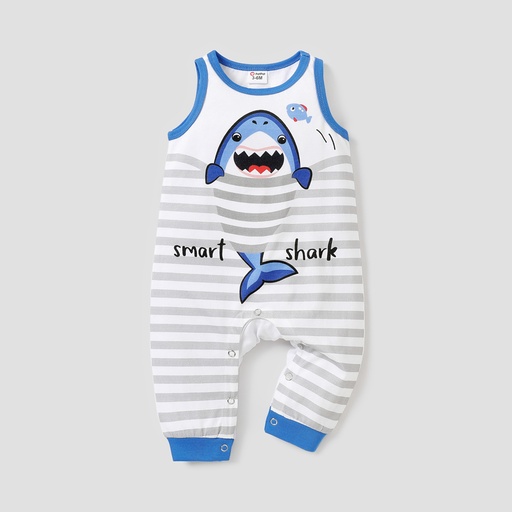 [SC11-20585765] Baby Girl 100% Cotton Shark & Letter Print Striped Sleeveless Jumpsuit