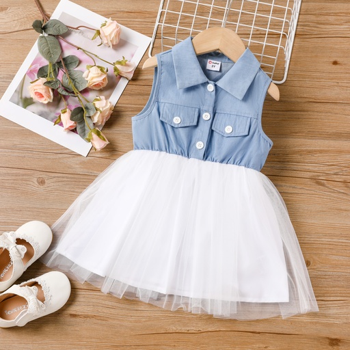 [SC11-20584477] Toddler Girl Denim Mesh Splice Lapel Collar Sleeveless Dress