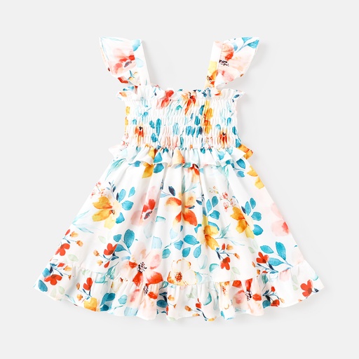 [SC11-20577050] Toddler Girl Floral Print Smocked Flutter-sleeve Dress