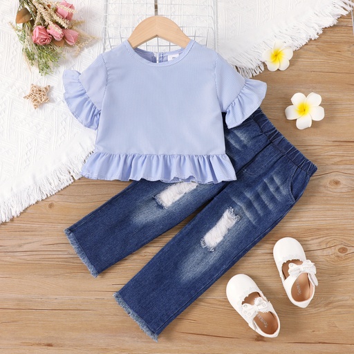 [SC11-20546030] 2pcs Toddler Girl Blue Stripe Long-sleeve Ruffled Top and Ripped Jeans Set