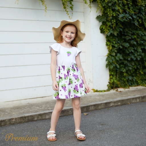 [SC11-20654214] 2pcs Kid Girl Grape Embroidered Flutter-sleeve Top and Naia™ Grape Print Skirt Set