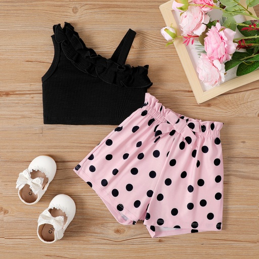 [SC11-20639423] 2pcs Baby Girl Ruffled One-Shoulder Cami Top and Naia™ Polka Dots Shorts Set