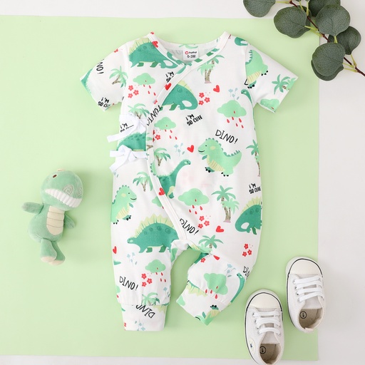 [SC11-20636451] Baby Boy Allover Dinosaur Print Short-sleeve Tie Side Jumpsuit