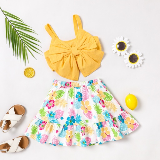 [SC11-20608474] 2pcs Toddler Girl 100% Cotton Bow Front Crop Camisole and Plant Floral Print Skirt Set