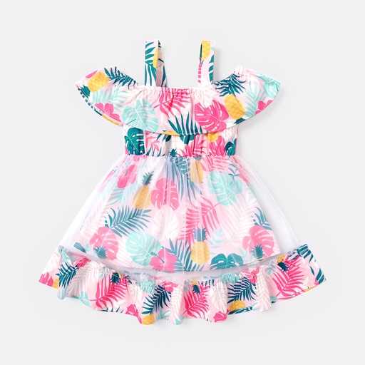 [SC11-20602712] Baby Girl Allover Plant Print Cold Shoulder Sleeveless Ruffled Mesh Dress