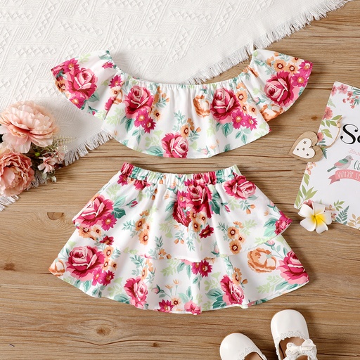 [SC11-20594741] 2pcs Toddler Girl Floral Print Off Shoulder Blouse and Layered Skirt Set