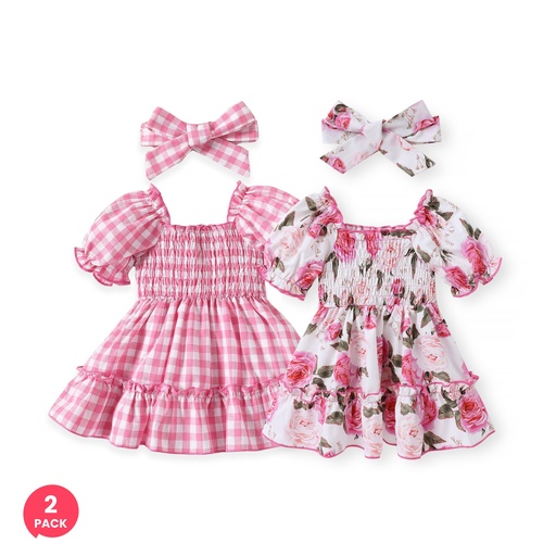[SC12-589236] 2-Pack Baby Girl Ruffled Puff-sleeve Dress with Headband