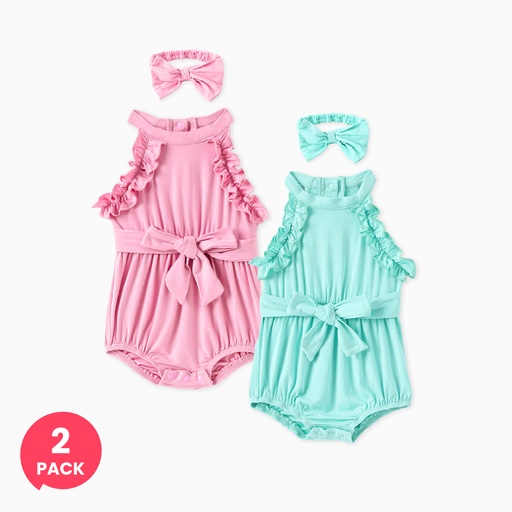 2-Pack Baby Girl Bamboo Ruffled Romper with Headband