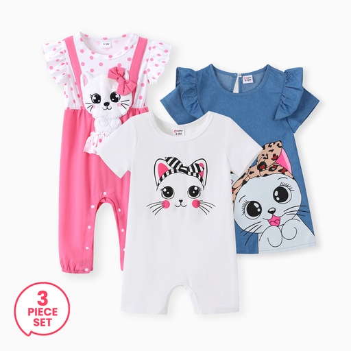 [SC12-20906513] 3-Piece Baby Girl Sweet 3D Cat Jumpsuit and Cute Cat Print Ruffled Dress and Romper Set