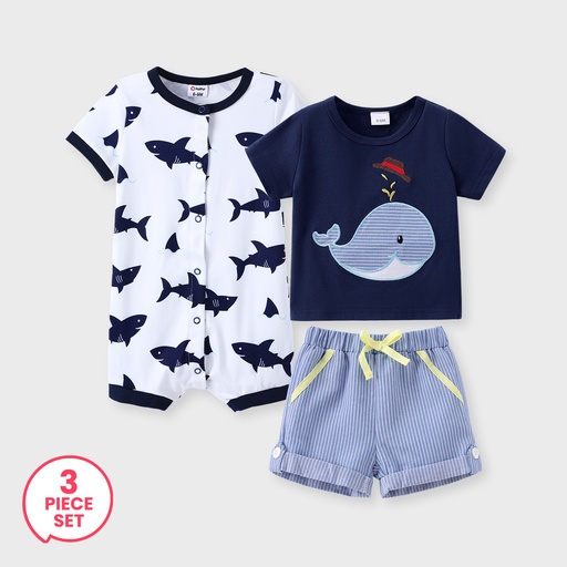 3-Pack Baby Boy Whale Pattern Embroidery Short Sleeve Set & Shark Print Short-sleeve Snap Romper