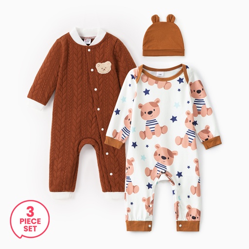 [SC12-20906125] 3-Pack Baby Boy Bear Style Embroidered Knitted & Printed Jumpsuit with Ear Hat