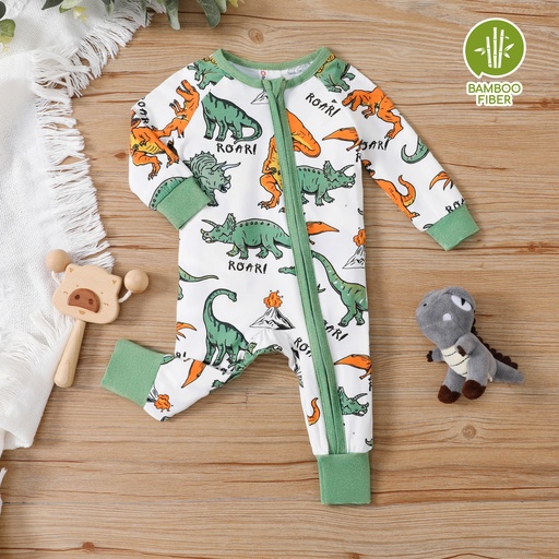 [SC12-20886534] Baby Boy Bamboo Fiber Cute Allover Dinosaur Print Zip-Up Long-Sleeve Jumpsuit