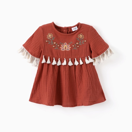 [SC12-20828536] Baby Girl Sweet Floral Embroidery Tasseled Dress