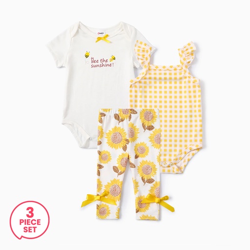 Baby Girl 3pcs Sweet Sunflower Grid Print Romper and Leggings Set