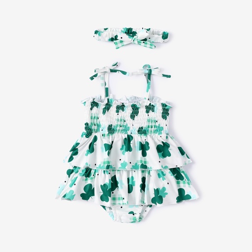 Baby Girl St. Patrick's Day 2pcs Green Clover Print Ruffled Romper with Headband