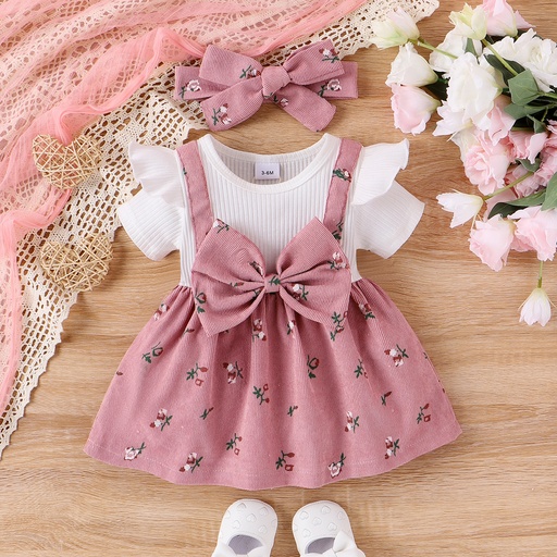 Baby Girls Sweet Dress with Flutter Sleeve and Broken Flower Pattern