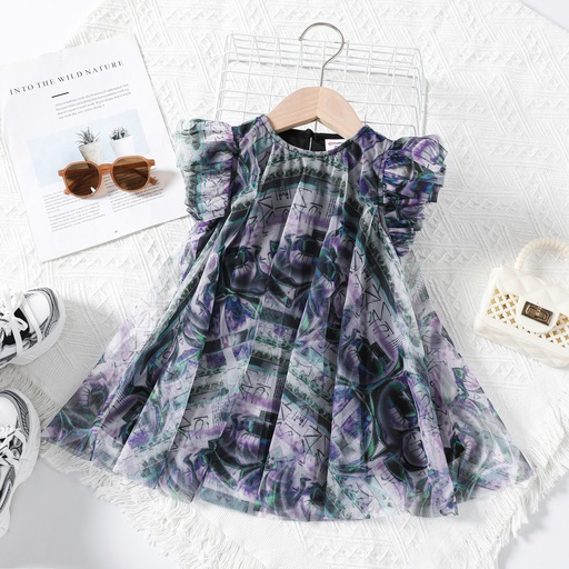 Todler Girl Fashionable Gradient Mesh Ruffled Dress