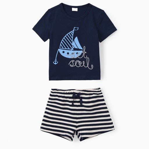 Toddler Girl 2pcs Sailboat Print Tee and Striped Shorts Set