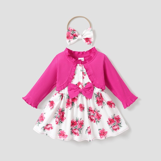 2pcs Baby Girl Frill Ribbed Splicing Floral Print Faux-two Long-sleeve Dress with Headband Set