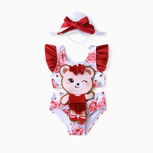Baby Girl 2pcs Bear Embroidery Swimsuit with Hat