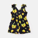 Kid Girl Lemon Print Surplice Neck Bowknot Design Sleeveless Rompers