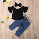 3-piece Baby Solid Flutter-sleeve Off Shoulder Top and Leopard Print Bowknot Nine-minute Denim Jeans Set
