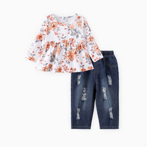 Baby Girl 2pcs Sweet Floral Print Ruffled Top and Denim Ripped Jeans Set