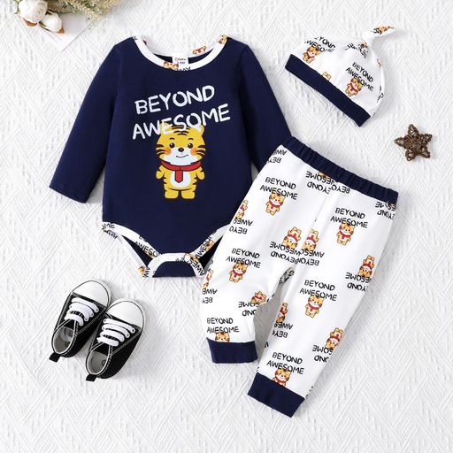 Baby Boy 3pcs Tiger Print Romper and Pants with Hat Set