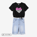 Toddler Girl 2pcs Cooling Denim Letter Print Tee and Shorts Set