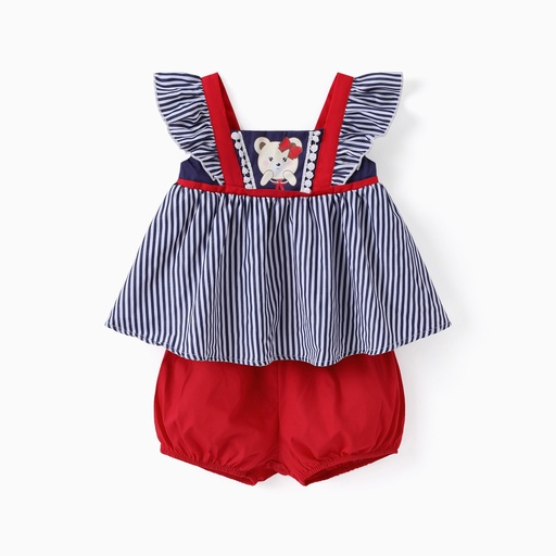 Baby Girl 2pcs Childlike Bear Embroidery Striped Top and Shorts Set