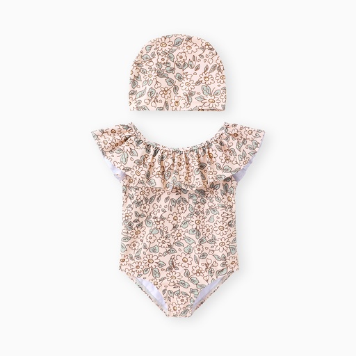 2pcs Baby Girl's Sweet Plants Floral Ruffle Swimwear