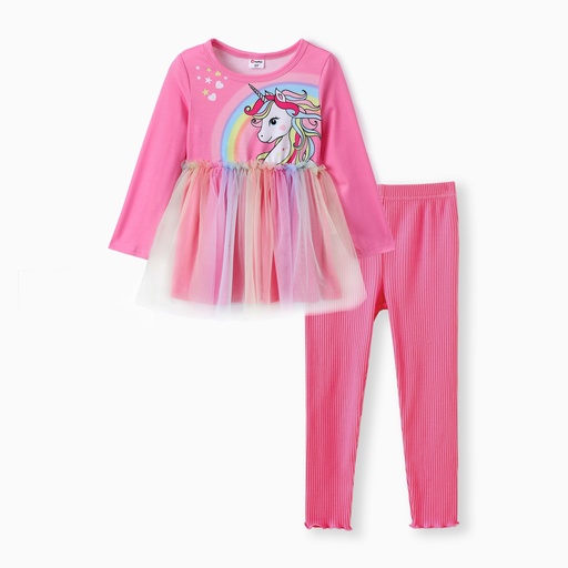 [WCL12-20857436] Toddler Girl 2pcs Unicorn Print Mesh Splice Top and Leggings Set
