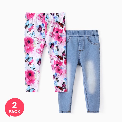 2-Pack Toddler/Kid Girl Floral Print Leggings ＆Solid Denim Jeans Set