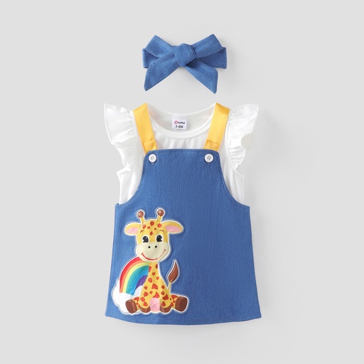 [WCL12-20797733] Baby Girl 3pcs Flutter Sleeve Top and Giraffe Print Denim Overalls Dress and Headband Set