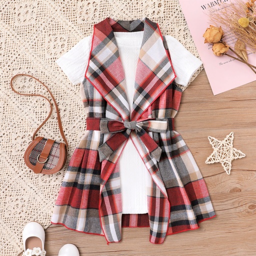 2pcs Toddler Girl Short-sleeve Tee and Asymmetrical Grid Dress Set