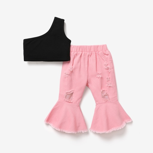 2pcs Baby Girl 100% Cotton Ripped Denim Flare-sleeve Jeans and One Shoulder Crop Tank Top Set
