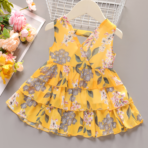 [WCL12-20599814] Baby Girl Allover  Print V Neck Sleeveless Layered Dress