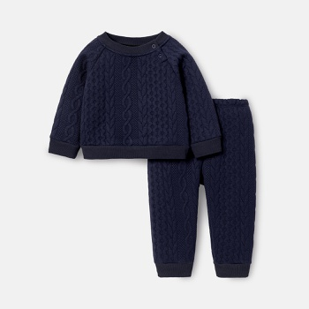 2pcs Baby Boy Solid Color Cable Knit Textured Long-sleeve Sweatshirt and Elasticized Pants Set