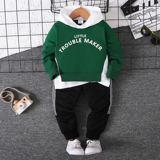 [WCL12-20524760] 2pcs Toddler Boy Trendy Faux-two Letter Print Hoodie Sweatshirt and Elasticized Pants Set