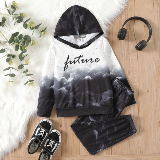 2pcs Kid Boy Cloud Print Colorblock Hoodie Sweatshirt and Pants Set