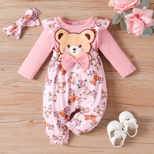 Baby Girl Bear Style Embroidered Floral Jumpsuit