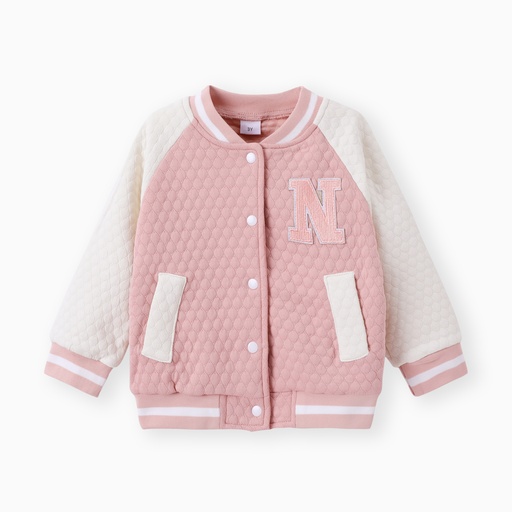 Toddler Girl 100% Cotton Letter Embroidered Textured Striped Button Design Bomber Jacket