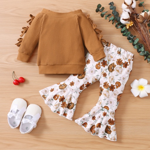 [WCL12-20140464] 2pcs Baby Solid Ribbed Off Shoulder Bowknot Long-sleeve Top and Floral Print Bell Bottom Pants Set