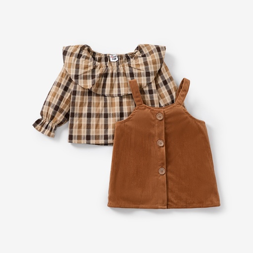 [WCL12-19967108] Baby Girl 2pcs Ruffle Plaid Long-sleeve Top and Solid Corduroy Overall Dress Set