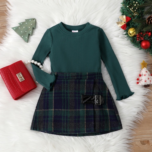 [WCL13-20886825] Toddler Girl 2pcs Textured Tee and Grid Print Skirt Set