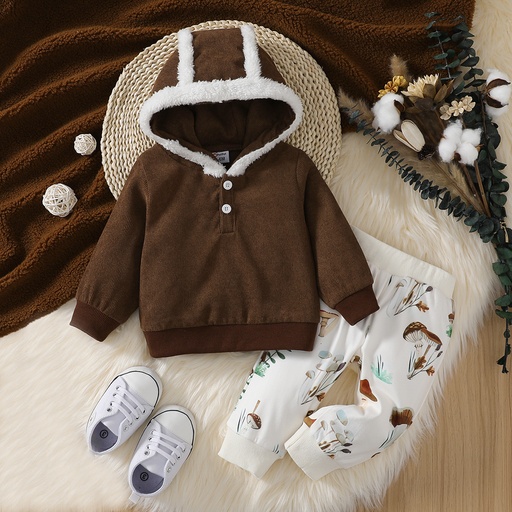 2pcs Baby Boy/Girl Brown Corduroy Fuzzy Trim Hoodie and Allover Print Pants Set